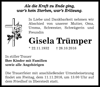 Traueranzeige von Gisela Trümper von Mitteldeutsche Zeitung Bernburg