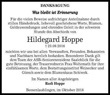 Traueranzeige von Hildegard Hoppe von Mitteldeutsche Zeitung Bernburg