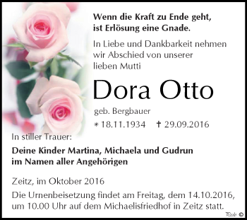 Traueranzeige von Dora Otto von Super Sonntag Zeitz