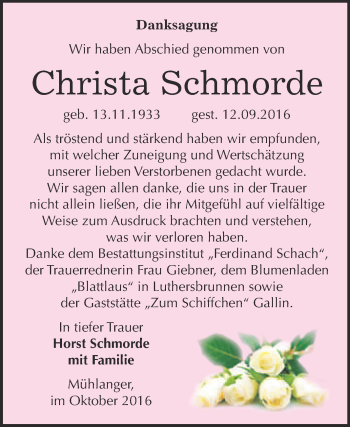 Traueranzeige von Christa Schmorde von Super Sonntag Wittenberg