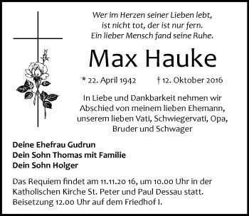 Traueranzeige von Max Hauke von Mitteldeutsche Zeitung Dessau-Roßlau