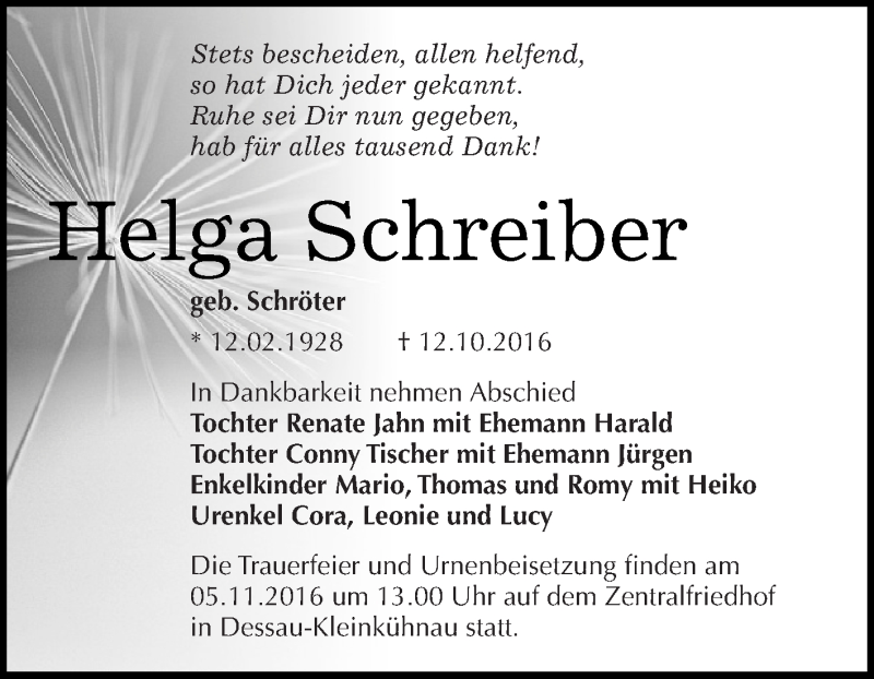  Traueranzeige für Helga Schreiber vom 22.10.2016 aus WVG - Wochenspiegel Dessau / Köthen