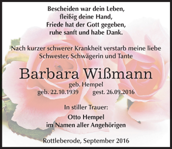 Traueranzeige von Barbara Wißmann von Mitteldeutsche Zeitung Sangerhausen
