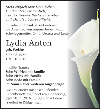 Traueranzeige von Lydia Anton von Mitteldeutsche Zeitung Bitterfeld