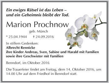 Traueranzeige von Marion Prochnow von Mitteldeutsche Zeitung Mansfelder Land