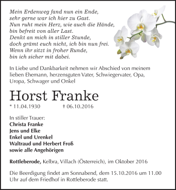 Traueranzeige von Horst Franke von Mitteldeutsche Zeitung Sangerhausen