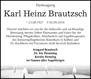 Traueranzeige von Karl Heinz Brautzsch von Mitteldeutsche Zeitung Köthen
