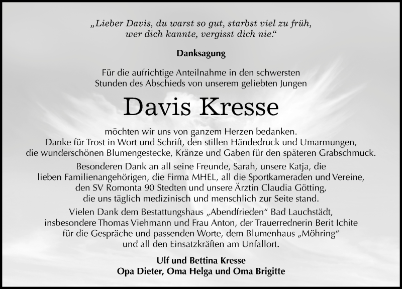  Traueranzeige für Davis Kresse vom 15.10.2016 aus Mitteldeutsche Zeitung Merseburg/Querfurt