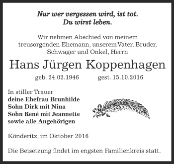 Traueranzeige von Hans Jürgen Koppenhagen von Super Sonntag Zeitz