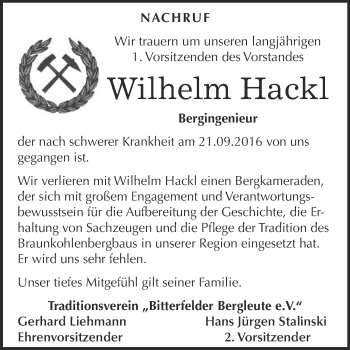 Traueranzeige von Wilhelm Hackl von WVG - Wochenspiegel Bitterfeld