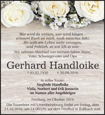 Traueranzeige von Gerhard Handloike von Mitteldeutsche Zeitung