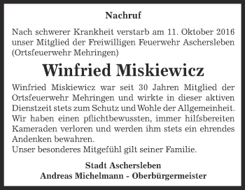 Traueranzeige von Winfried Miskiewicz von Super Sonntag Aschersleben