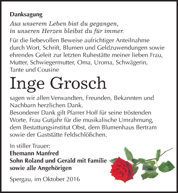 Traueranzeige von Inge Grosch von Mitteldeutsche Zeitung Merseburg/Querfurt