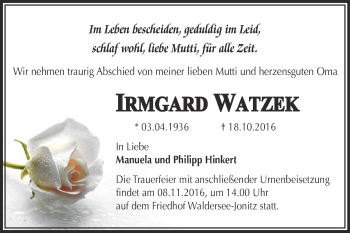 Traueranzeige von Irmgard Watzek von WVG - Wochenspiegel Dessau / Köthen