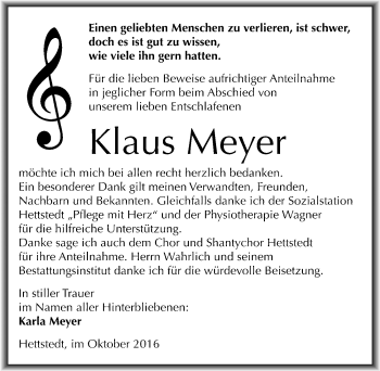 Traueranzeige von Klaus Meyer von Mitteldeutsche Zeitung Mansfelder Land
