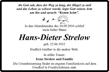 Traueranzeige von Hans-Dieter Strelow von Super Sonntag Quedlinburg