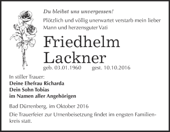 Traueranzeige von Friedhelm Lackner von Super Sonntag Merseburg