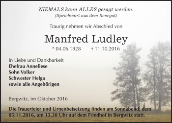 Traueranzeige von Manfred Ludley von Mitteldeutsche Zeitung Wittenberg