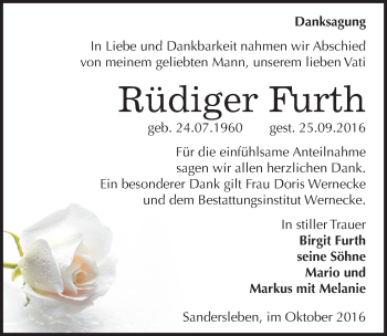 Traueranzeige von Rüdiger Furth von Mitteldeutsche Zeitung Mansfelder Land