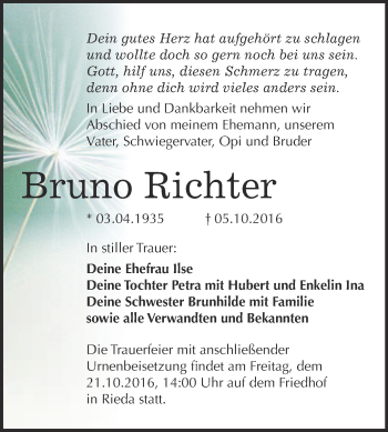 Traueranzeige von Bruno Richter von WVG - Wochenspiegel Bitterfeld