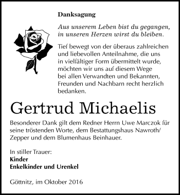 Traueranzeige von Gertrud Michaelis von Mitteldeutsche Zeitung Bitterfeld