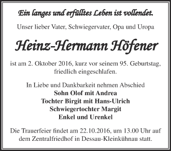 Traueranzeige von Heinz-Hermann Höfener von WVG - Wochenspiegel Dessau / Köthen