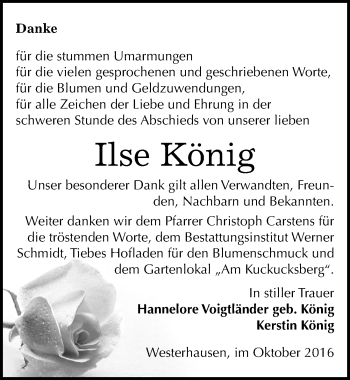 Traueranzeige von Ilse König von Mitteldeutsche Zeitung Quedlinburg