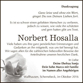Traueranzeige von Norbert Hosalla von Super Sonntag SGH Mansf. Land