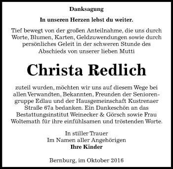 Traueranzeige von Christa Redlich von Mitteldeutsche Zeitung Bernburg