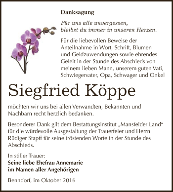 Traueranzeige von Siegfried Köppe von Wochenspiegel Mansfelder Land