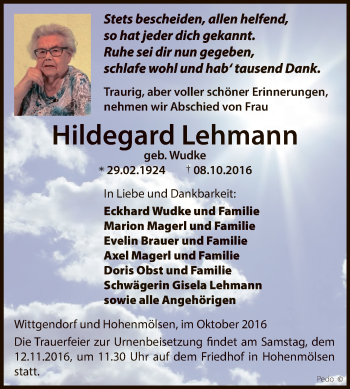 Traueranzeige von Hildegard Lehmann von Super Sonntag Zeitz