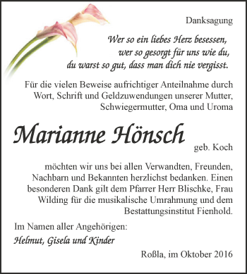 Traueranzeige von Marianne Hönsch von Super Sonntag SGH Mansf. Land