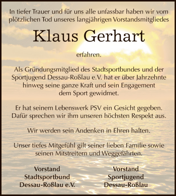 Traueranzeige von Klaus Gerhart von Super Sonntag Dessau / Köthen