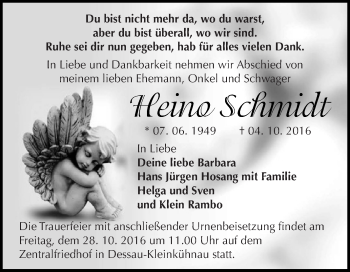 Traueranzeige von Heino Schmidt von WVG - Wochenspiegel Dessau / Köthen
