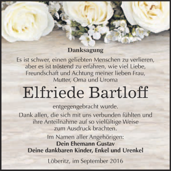Traueranzeige von Elfriede Bartloff von WVG - Wochenspiegel Bitterfeld