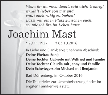 Traueranzeige von Joachim Mast von Super Sonntag Merseburg