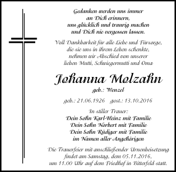 Traueranzeige von Johanna Molzahn von Mitteldeutsche Zeitung Bitterfeld