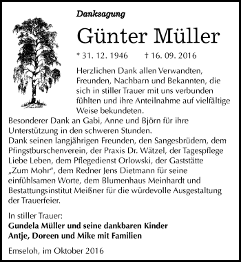 Traueranzeige von Günter Müller von Mitteldeutsche Zeitung Sangerhausen