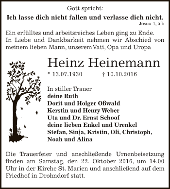 Traueranzeige von Heinz Heinemann von Super Sonntag Aschersleben