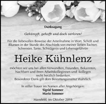 Traueranzeige von Heike Kühnlenz von Mitteldeutsche Zeitung Mansfelder Land