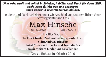 Traueranzeige von Max Hinsche von Mitteldeutsche Zeitung Dessau-Roßlau