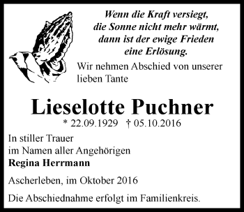 Traueranzeige von Lieselotte Puchner von Mitteldeutsche Zeitung Aschersleben