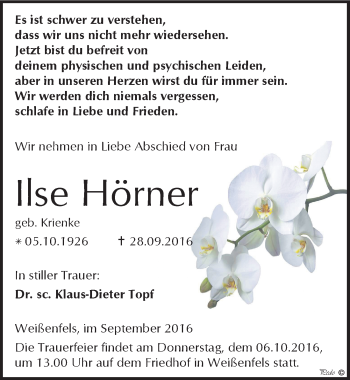 Traueranzeige von Ilse Hörner von Mitteldeutsche Zeitung Weißenfels