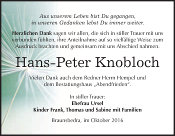 Traueranzeige von Hans-Peter Knobloch von WVG - Wochenspiegel Merseburg