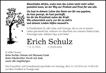 Traueranzeige von Erich Schulz von WVG - Wochenspiegel Dessau / Köthen