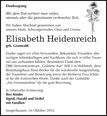 Traueranzeige von Elisabeth Heidenreich von Mitteldeutsche Zeitung Sangerhausen
