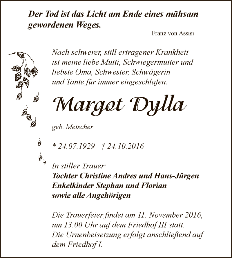  Traueranzeige für Margot Dylla vom 29.10.2016 aus WVG - Wochenspiegel Dessau / Köthen