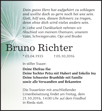 Traueranzeige von Bruno Richter von Mitteldeutsche Zeitung Bitterfeld
