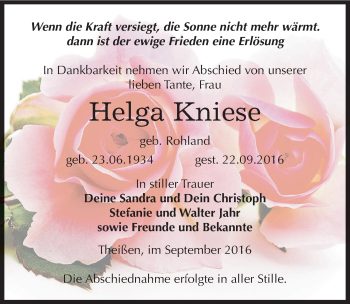 Traueranzeige von Helga Kniese von Mitteldeutsche Zeitung Zeitz