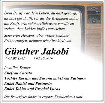 Traueranzeige von Günther Jakobi von Mitteldeutsche Zeitung Dessau-Roßlau